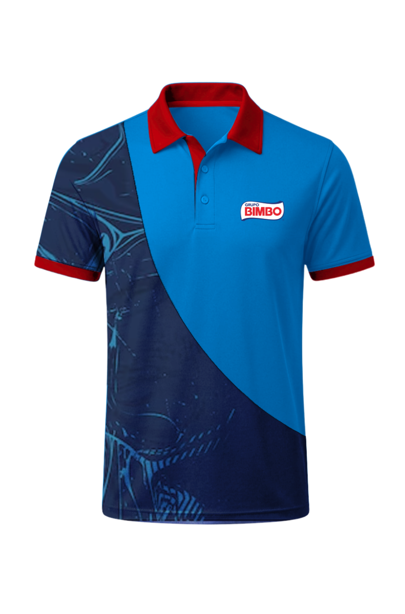 Playera polo con sublimación por secciones y logo Bimbo — Cossetti