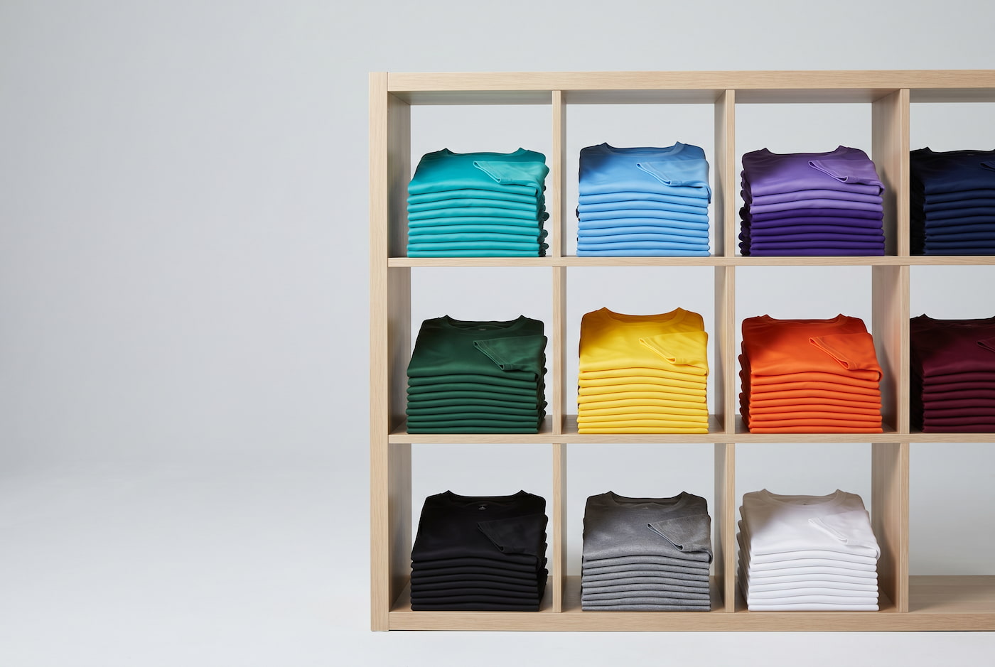 Playeras DryFit en blanco al mayoreo organizadas por color — Cossetti